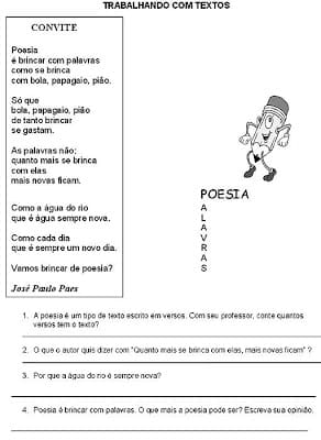 poema - Atividades de interpretação e produção de textos educação infantil