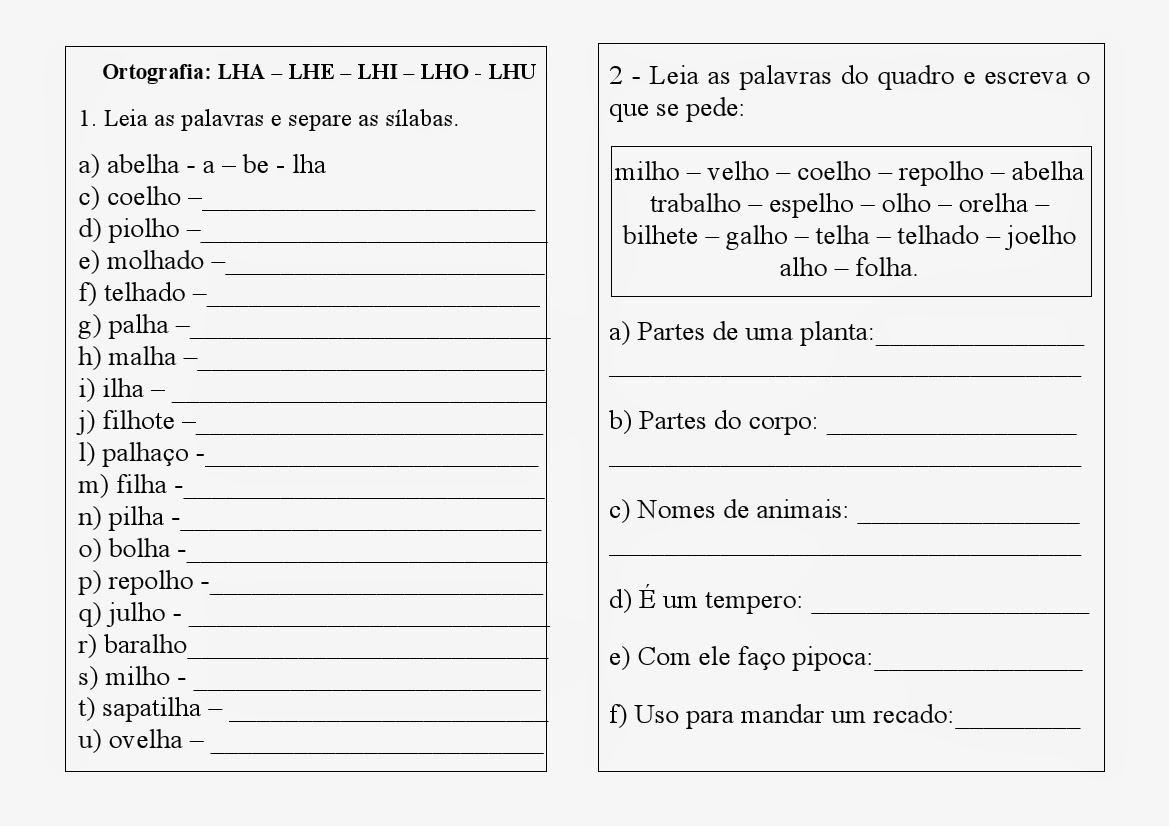 AtividadesparatrabalharousodoLH2 - Atividades para trabalhar o uso do LH - Ortografia